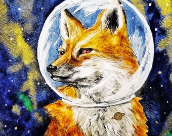 Space Fox Art Print, Hand Gilded Art Print, Fox Art, Space Animal, Fun Fox Art, Kids Art, Playful