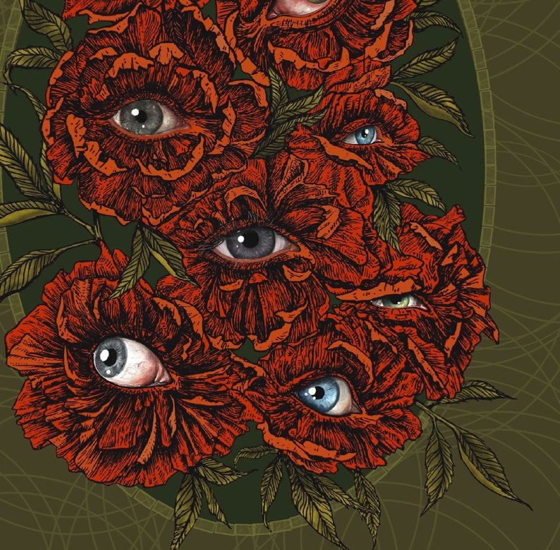 a hand drawn bouquet of scarlet flowers with photorealistic eyes at the centre of each with a deep green background.  surrounded by an olive green oval frame  with leaf details.