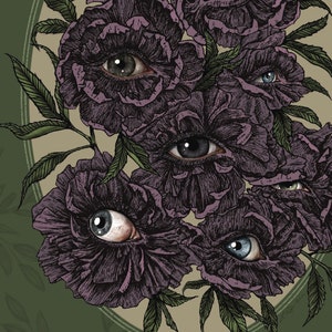 a hand drawn bouquet of dusty purple flowers with photorealistic eyes at the centre of each with a soft green background.  surrounded by a green oval frame  with leaf details.