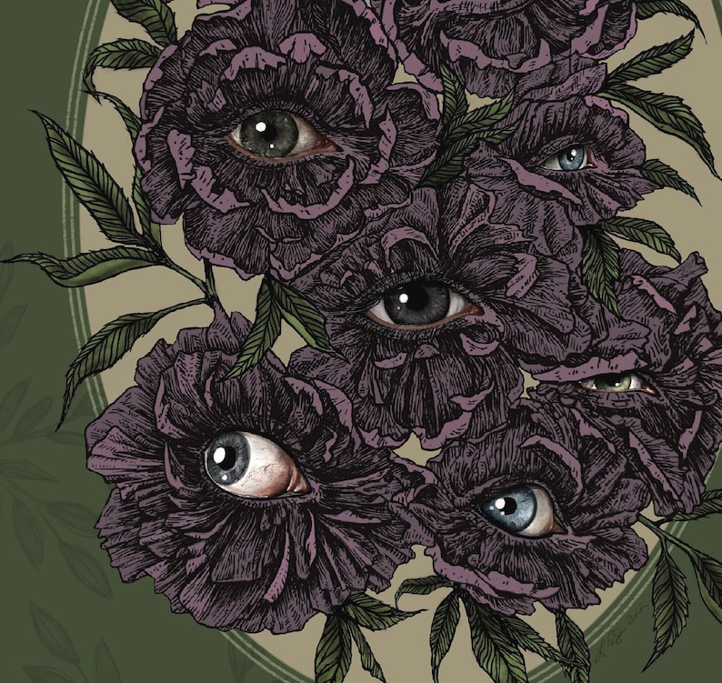 a hand drawn bouquet of dusty purple flowers with photorealistic eyes at the centre of each with a soft green background.  surrounded by a green oval frame  with leaf details.