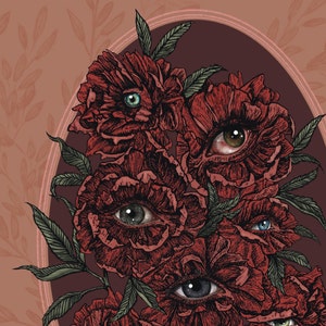 a hand drawn bouquet red-pink flowers with photorealistic eyes at the centre of each with a burgundy background.  surrounded by a mauve pink oval frame  with leaf details.