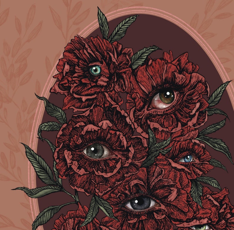 a hand drawn bouquet red-pink flowers with photorealistic eyes at the centre of each with a burgundy background.  surrounded by a mauve pink oval frame  with leaf details.