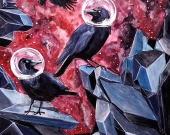 Space Crow Art Print, Fantasy Crow Print, Space Animals, Murder of Crows, Science Fiction