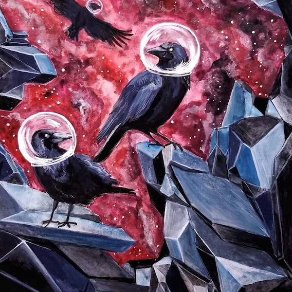 Space Crow Art Print, Fantasy Crow Print, Space Animals, Murder of Crows, Science Fiction