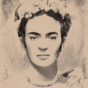 K&ouml;nnte beinhalten: Eine Schwarzwei&szlig;-Bleistiftzeichnung von Frida Kahlo, einer ber&uuml;hmten mexikanischen K&uuml;nstlerin. Sie tr&auml;gt eine Blumenkrone und hat einen ernsten Gesichtsausdruck.