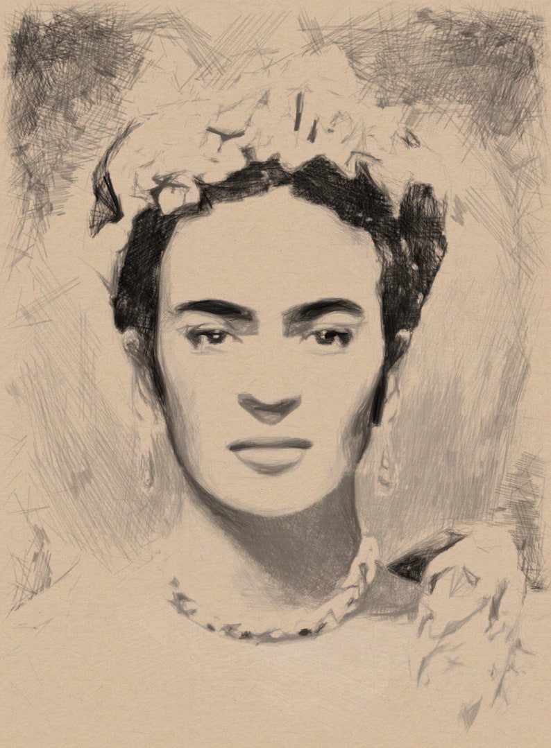 K&ouml;nnte beinhalten: Eine Schwarzwei&szlig;-Bleistiftzeichnung von Frida Kahlo, einer ber&uuml;hmten mexikanischen K&uuml;nstlerin. Sie tr&auml;gt eine Blumenkrone und hat einen ernsten Gesichtsausdruck.