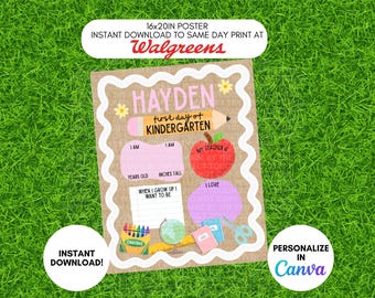First Day of School Photo Poster Template – 16x20in Photo Sign (Digital Download) - Kindergarten Flowers