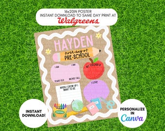 First Day of School Photo Poster Template – 16x20in Photo Sign (Digital Download) - Pre-School Flowers