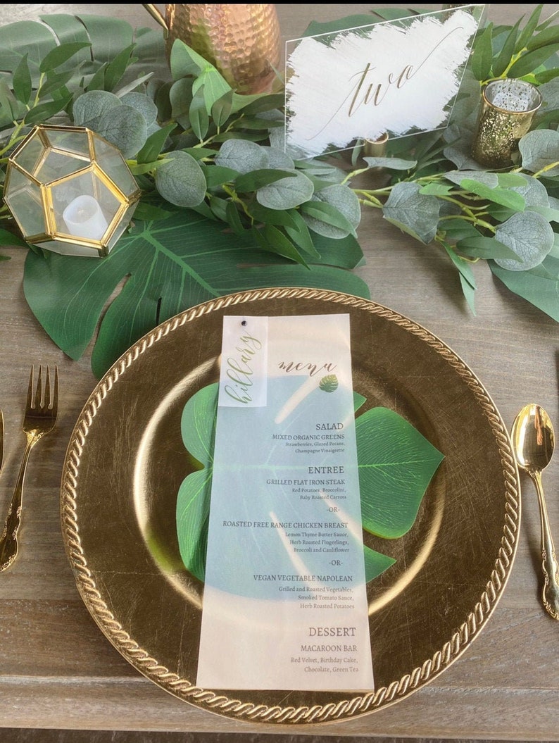 Tropical Leaf Wedding Menu Name Setting Dinner Menu Vellum Birthday Dinner Menu Vellum Name Card and Menu Vellum Wedding Menu