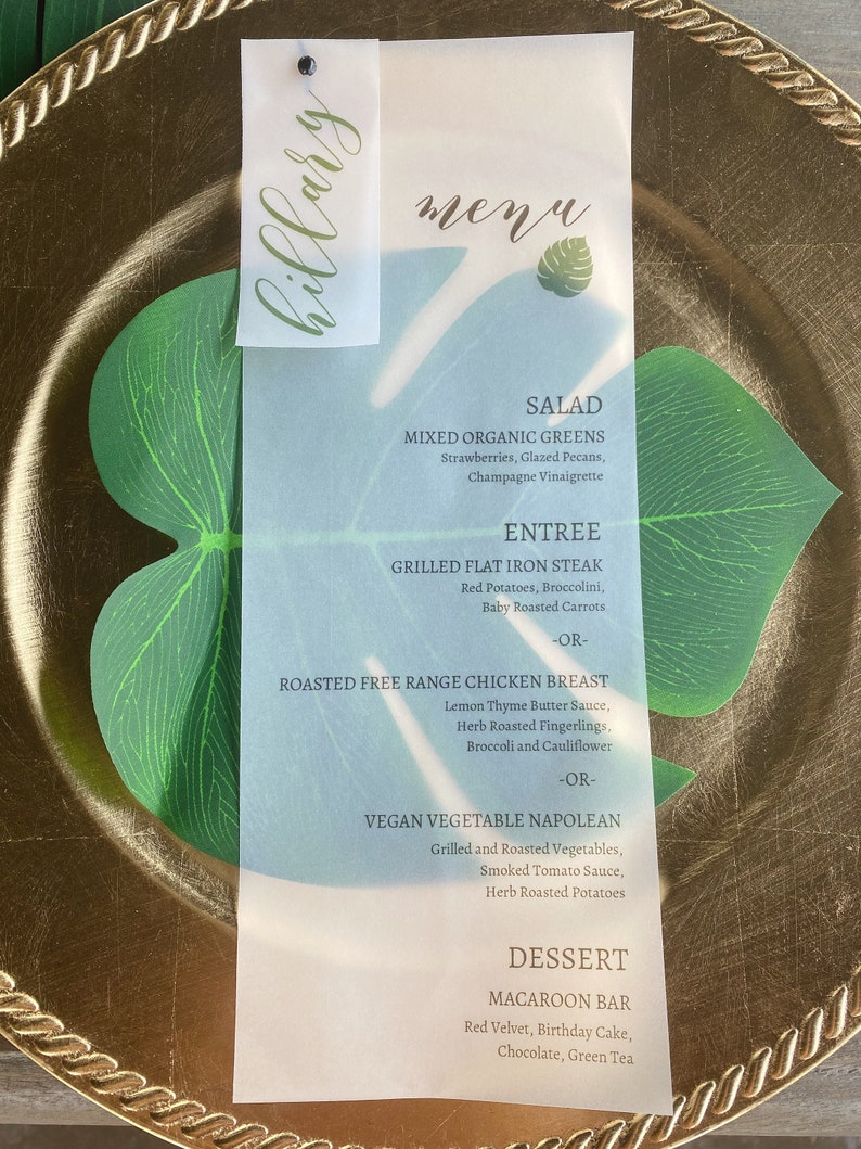 Tropical Leaf Wedding Menu Name Setting Dinner Menu Vellum Birthday Dinner Menu Vellum Name Card and Menu Vellum Wedding Menu