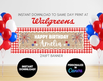 Summer Fireworks Happy Birthday Banner Template – USA Party Decor (2x6ft Digital Download)