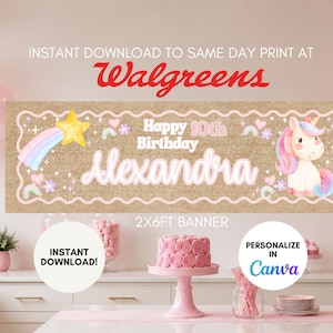 May include: A rectangular banner featuring a tan textured background with a scalloped border. It displays the text Happy 10th Birthday Alexandra, a yellow star with a rainbow trail, and a unicorn illustration. The banner measures 2x6 feet.