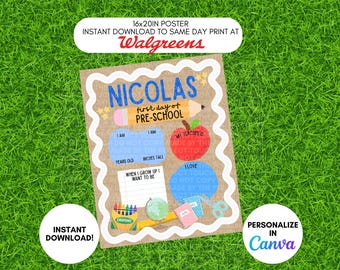 First Day of School Photo Poster Template – 16x20in Photo Sign (Digital Download) - Pre-School Stars