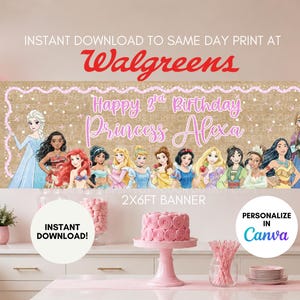May include: A rectangular 2x6ft birthday banner featuring a gold glitter background with a pink scalloped border. The text reads Happy 3rd Birthday Princess Alexa. It displays illustrations of various Disney princesses including Elsa and Anna.