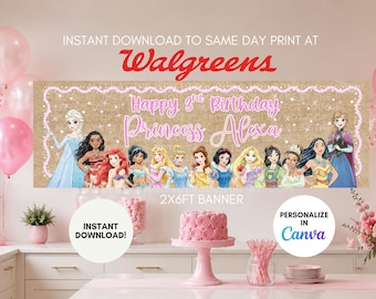 Editable Princess Birthday Banner (2x6ft Digital Download)