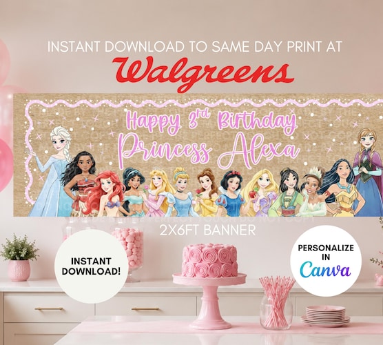 Editable Princess Birthday Banner — 2x6ft Digital Download