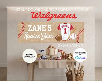 Rookie Year Baseball First Birthday Banner - (2x6ft Editable Digital Download)