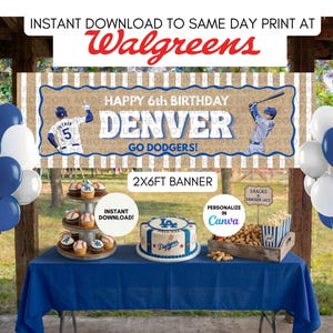 Może przedstawiać: Baner urodzinowy o wymiarach 2x6 stóp z napisem HAPPY 6th BIRTHDAY DENVER GO DODGERS oraz grafikami baseballistów. Zestaw zawiera niebieski obrus, stojak na babeczki, okrągły tort oraz dwie wiązanki niebieskich i białych balonów.
