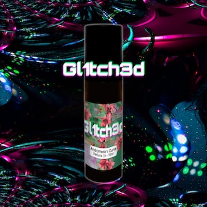 May include: A cylindrical perfume oil bottle with a black cap and a label featuring a floral pattern, the text Gl1tch3d, and the text Andromeda's Curse Perfume Oil - 10ml. The bottle is centered against a dark, abstract background with neon pink and green lights.