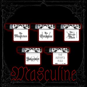 May include: Five perfume vials with black caps and decorative labels, each paired with a white tag. The tags display tarot card names: "The Magician," "The Emperor," "The Hanged Man," "Judgment," and "the Hunter's Kiss." The word "Masculine" is written in red.