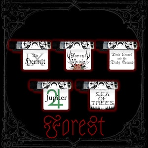 May include: Five small clear glass vials with black caps, each featuring a white label with black moon and leaf motifs. Labels display the text: The Hermit, Forest Maiden, Dead Leaves and the Dirty Ground, Jupiter, and SEA OF TREES. The word Forest is below.