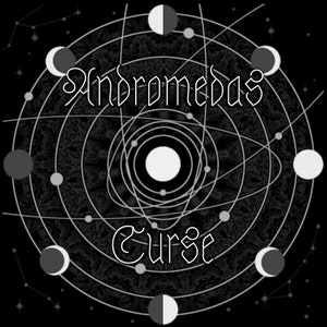 May include: Black and white graphic design with the text "Andromeda's Curse" in a stylized font. The design features a circular pattern of concentric circles and lines, resembling a solar system or galaxy.