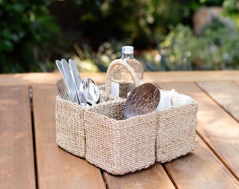 Woven Seagrass Utensil Caddy, Fair Trade Nursery Organizer, Kitchen Storage Basket