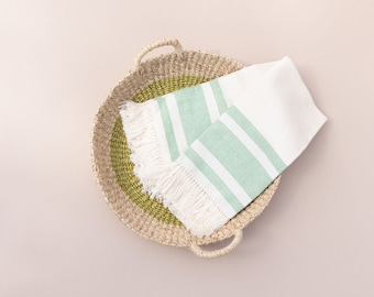 Green woven basket tray and table napkin, perfect sustainable gift set for tea table decor