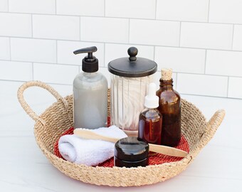 Handwoven Seagrass Basket Tray, Pink Bathroom Organizer, 11"