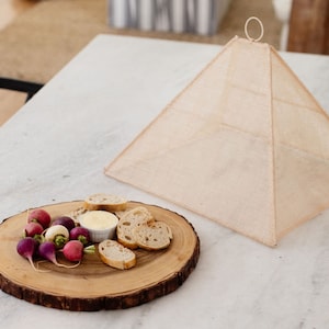 May include: A wooden serving board with sliced bread, radishes, and a small dish of butter. A beige mesh food cover sits on a white table next to the board.