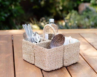 Utensil Caddy Holder, Outdoor Seagrass Basket, Kitchen Storage Organizer, Silverware Caddy, Woven BBQ Basket, Cutlery Caddy,Fathers Day Gift