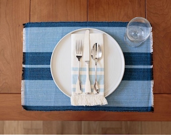 Blue Striped Nautical Placemat, Set of 2 Placemats, Cotton Table Mats, Nautical Table Cloth, Handwoven Placemats, Blue Dining Ware, Hanukkah