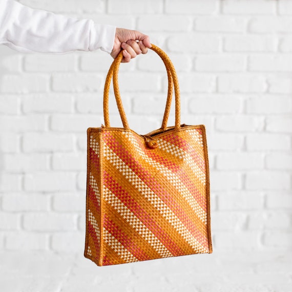 Handwoven Seagrass Tote Orange Tote Bag With Handles Straw Shopping Bag Boho Tote Farmers Market Bag Grocery Bag Beach Bag Bohemian