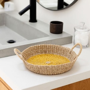 Shallow Basket, Natural Woven Basket With Handles, Decorative Basket, Bathroom Tray, Yellow Seagrass Basket, Wicker Storage Tray, Handwoven