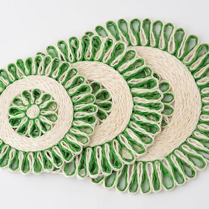 Sets de table tissés verts, sets de table ronds, décoration d&#39;hôte, sets de table en jute, sets de table en osier, sets de table en jonc de mer, décoration bohème, décoration d&#39;extérieur, printemps