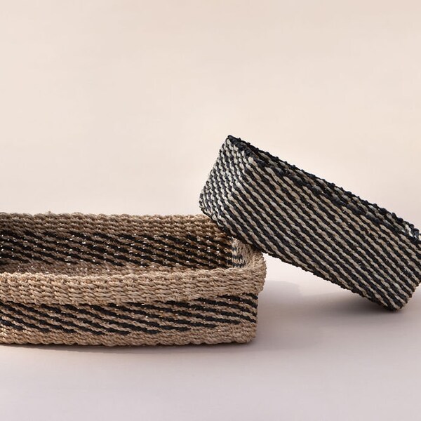 Woven Gift Sets, Wide Basket, Small Basket, Basket Tray, Seagrass Tray, Necessities Basket, Basket For Shelf, Stripe Noir Decor