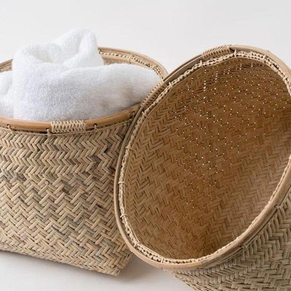 Handwoven Towel Basket, Oriental Basket, Laundry Hamper, Rattan Storage Basket, Sustainable Home Decor, Organizer Basket, Dorm Storage