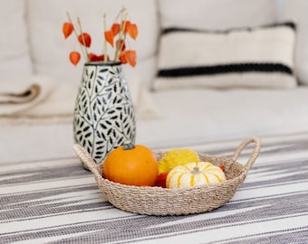 All Natural Seagrass Basket Tray, Boo Basket, Wicker Storage Tray, Rustic Serving Tray, Handwoven Bowl, Natural Woven Basket With Handles