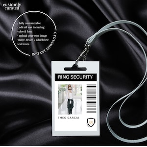 May include: White plastic badge with black text that reads "RING SECURITY" and a photo of a young boy wearing a suit and sunglasses. The text "THEO GARCIA" is below the photo. A gold ring icon is in the bottom right corner.