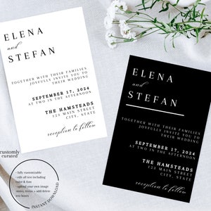Black & White Minimalist Wedding Invitation Template Set, Wedding Invitation Template Download, Editable Modern Invite, Instant Download