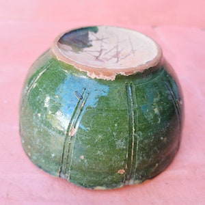 Old antique primitive redware ceramic glazed cup bowl hand made