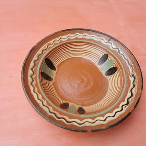 Old antique primitive redware ceramic glazed cup bowl plate hand made
