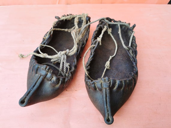 Old Antique Primitive Hand Made Leather Shoes of Pig Skin 1900s