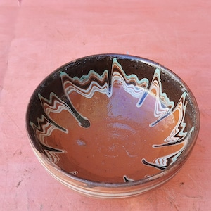 Old antique primitive redware ceramic glazed cup bowl hand made
