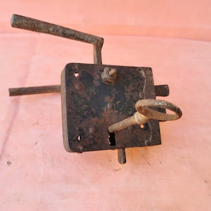 Antique rare primitive lock door handles forged in working condition WITH KEY