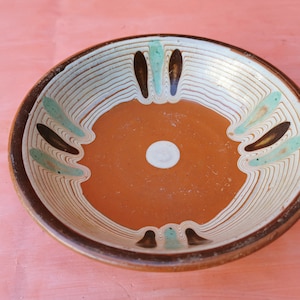 Old antique primitive redware ceramic glazed cup bowl hand made