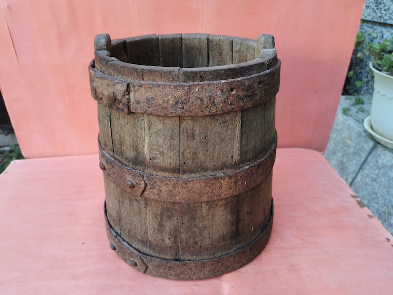 Old antique prirmitive wooden keg bucket for bacon or meat image 1