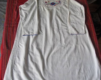 Old antique primitive white cotton women's long shirt night gown with handmade lace homespun cloth