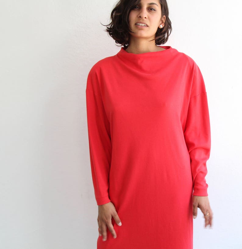 Mod Snuggle Dress Red Sweater Bat Sleeve 70s 80s small xs petite cotton Twiggy retro batsleeve turtleneck dress