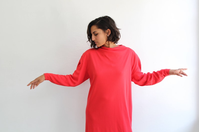 Mod Snuggle Dress Red Sweater Bat Sleeve 70s 80s small xs petite cotton Twiggy retro batsleeve turtleneck dress